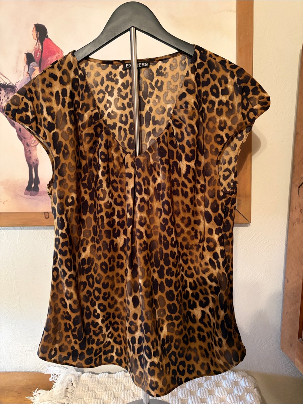 Express Leopard Print V-Neck Cap Sleeve Top - Brown & Black